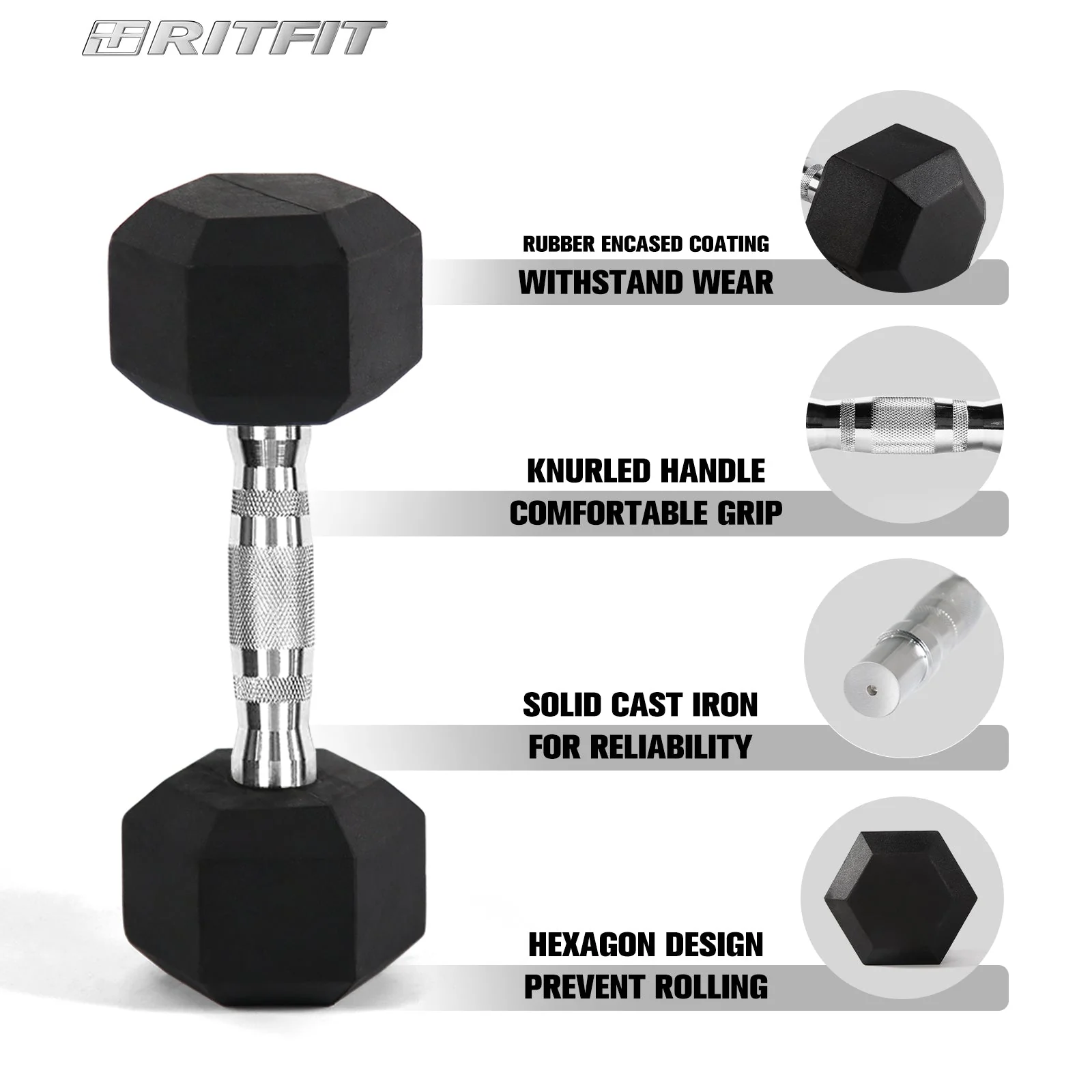 RitFit Rubber Hex Dumbbells Set with Rack 60LB-300LB - Image 3