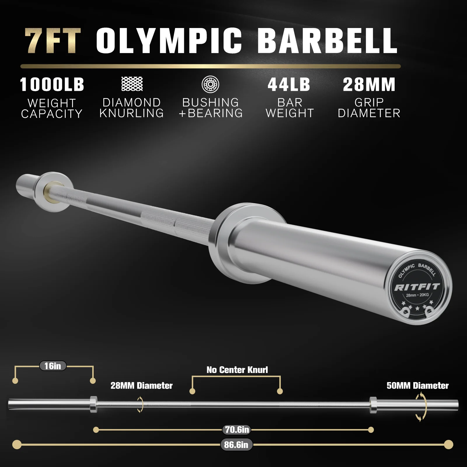 RitFit 7FT Olympic Barbell Bar 2'' Weight Lifting Bar - Image 3