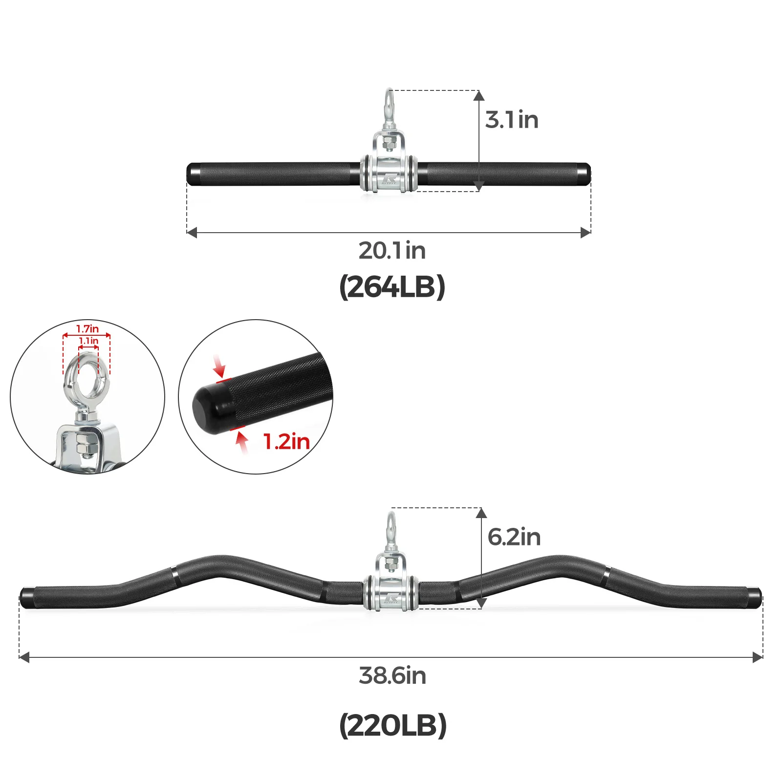 RitFit Aluminum Alloy Handle Set Long W-Shaped and Short Straight Bar for Cable Machine - Image 6
