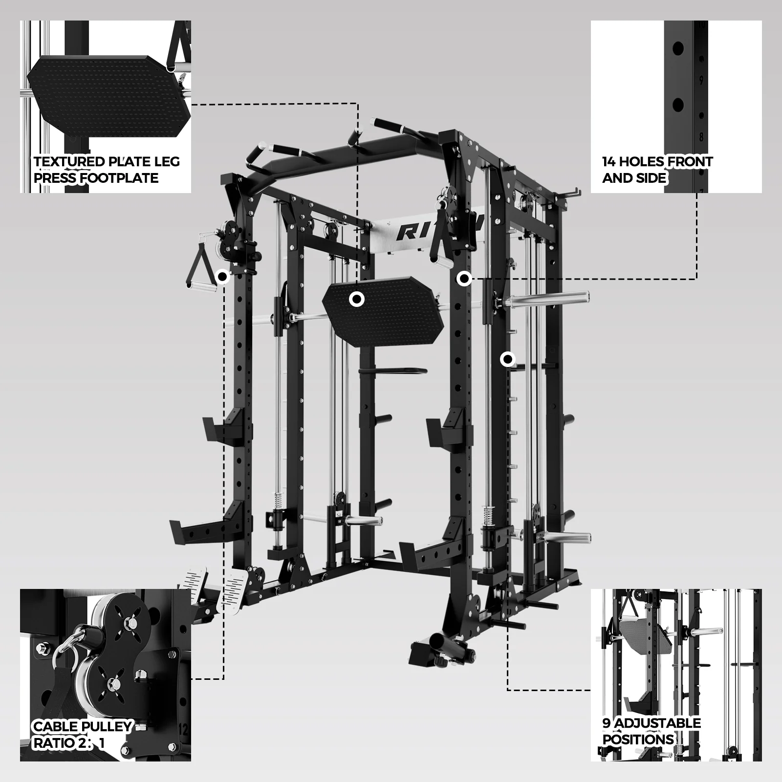RitFit BUFFALO Multifunctional Smith Machine with Lat Pull Down and Cable Crossover for Versatile Strength Training - Image 7