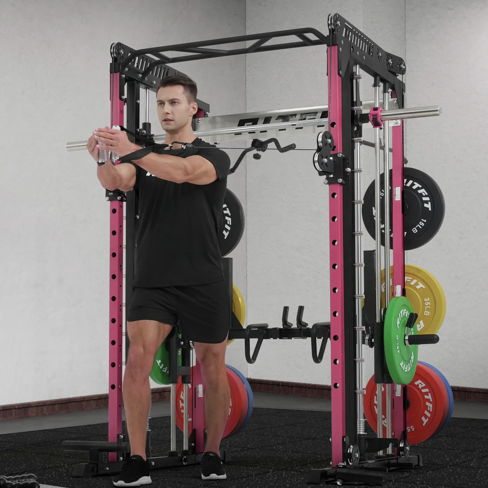 RitFit Pink M1 PRO Multi-Functional Smith Machine with Cable Crossover System and Squat Rack for Home Gym - Image 14