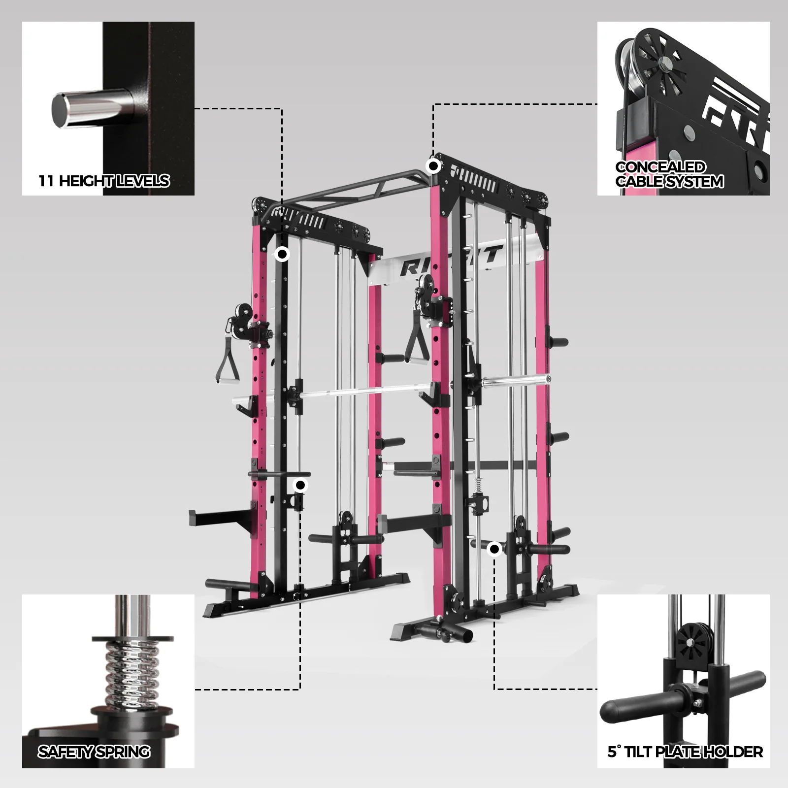 RitFit Pink M1 PRO Multi-Functional Smith Machine with Cable Crossover System and Squat Rack for Home Gym - Image 10