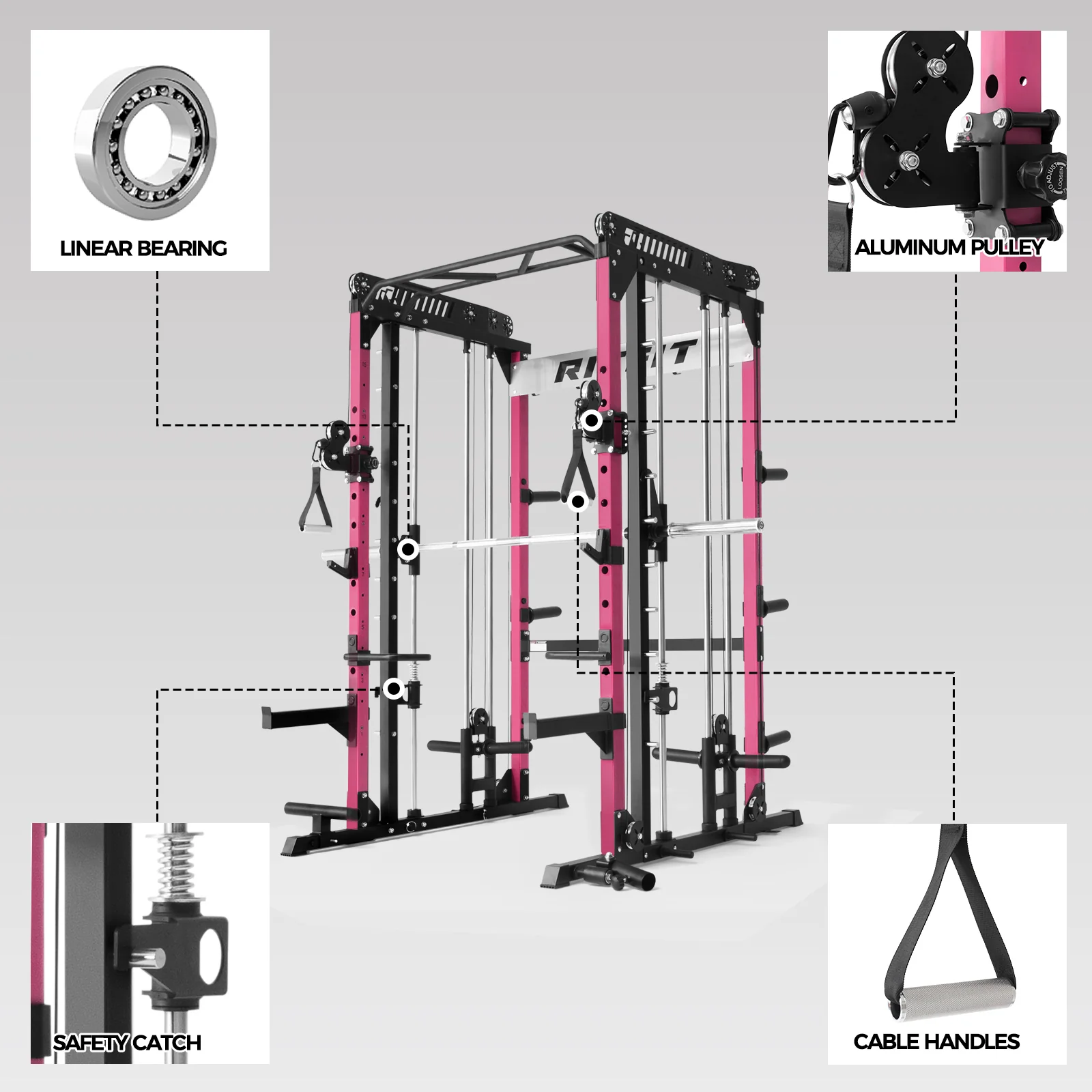 RitFit Pink M1 PRO Multi-Functional Smith Machine with Cable Crossover System and Squat Rack for Home Gym - Image 11