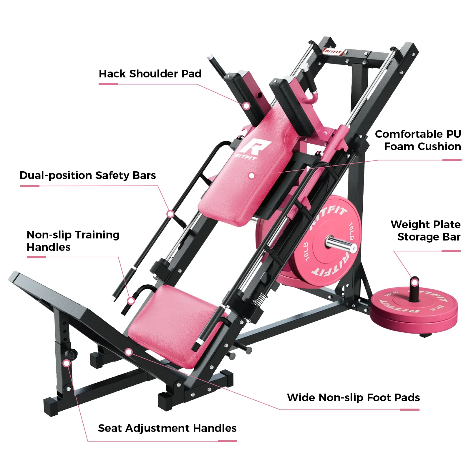 RitFit BLP01 45 Degree 3-In-1 Leg Press Hack Squat and Calf Raise Machine - Pink - Image 5