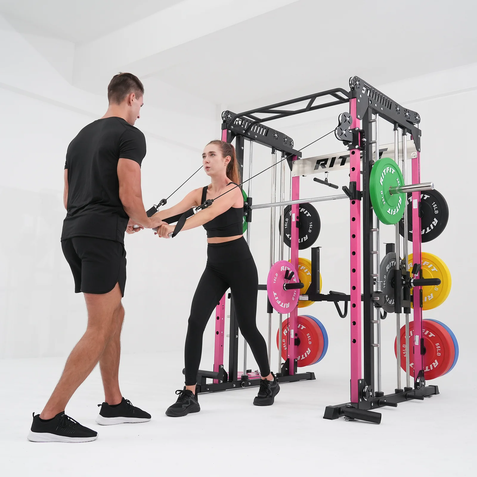 RitFit Pink M1 PRO Multi-Functional Smith Machine with Cable Crossover System and Squat Rack for Home Gym - Image 16